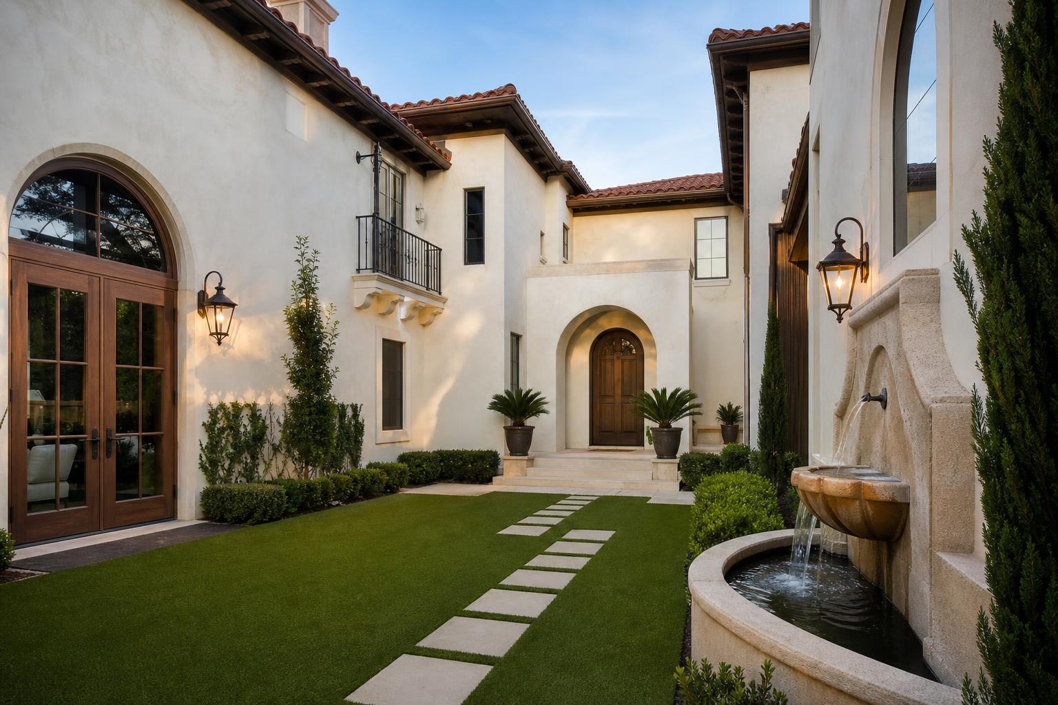 Adriatica Village McKinney TX Mediterranean-style courtyard with artificial turf and stone pavers