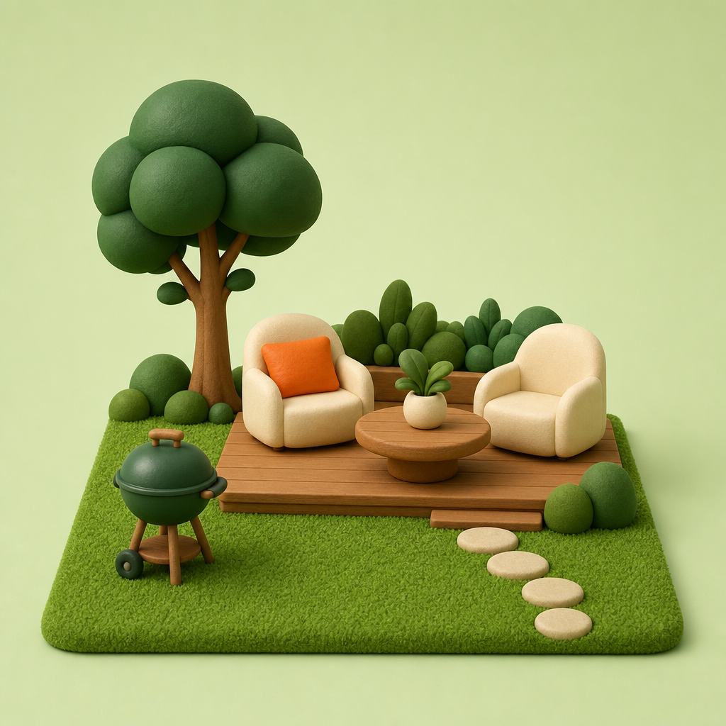 Top-down illustration of a typical backyard with turf, patio, and tree
